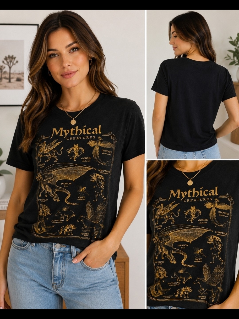 Hot Topic Black Tee with Gold Mythical Creatures Graphic